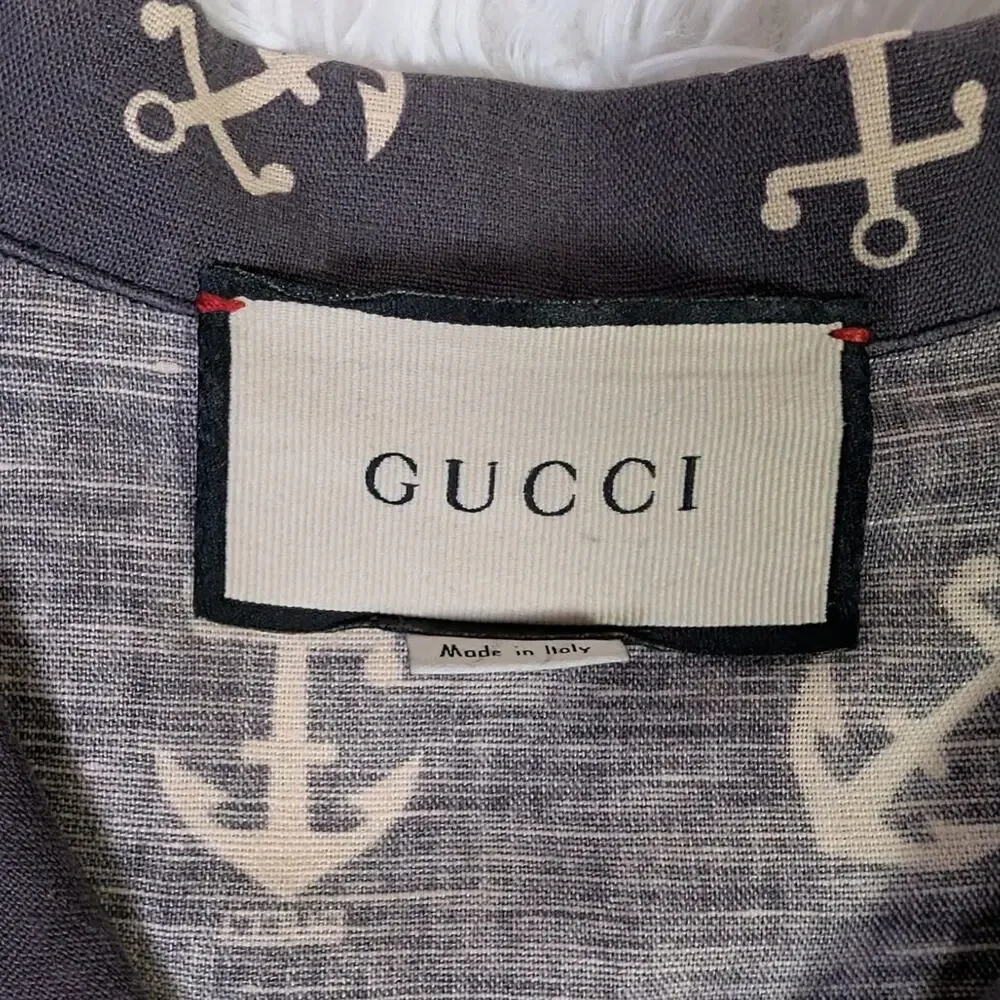 Gucci Anchor Print Linen Cotton Camp Shirt Gray Nautical Italy 2XL